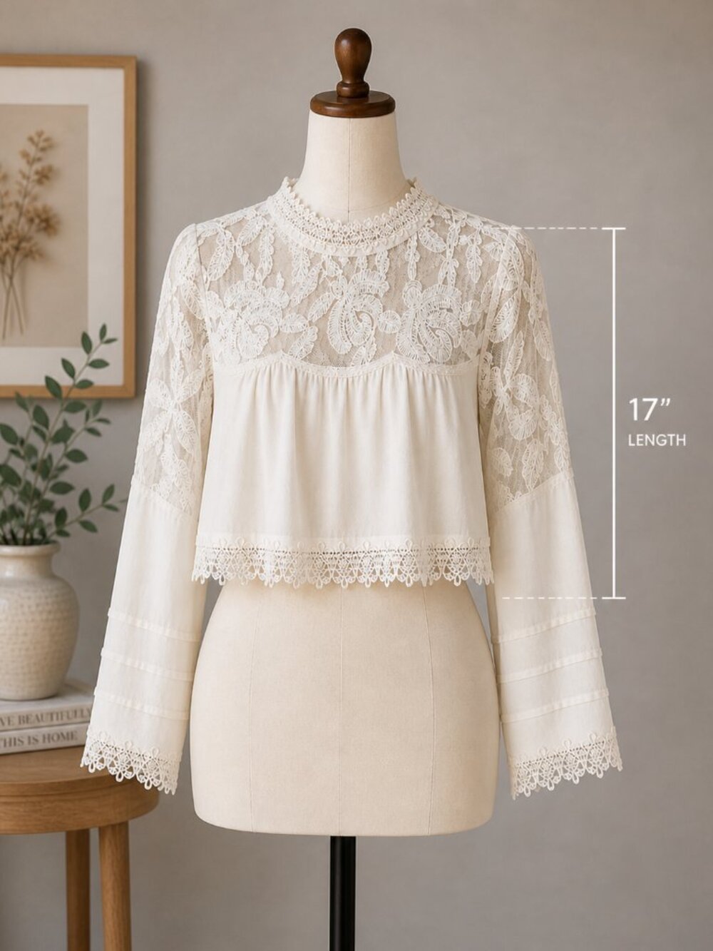 Free People Ivory Lace High Neck Boho Blouse XS Sheer Embroidered Top